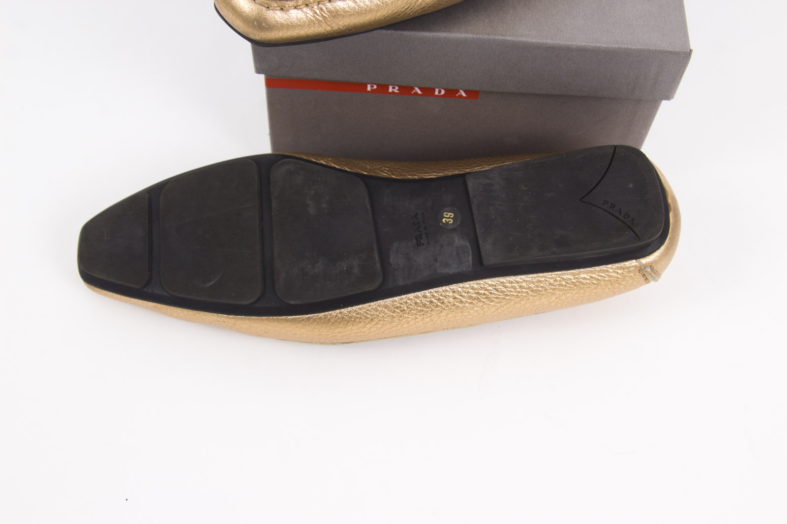 Prada Metallic Gold Tone Loafers