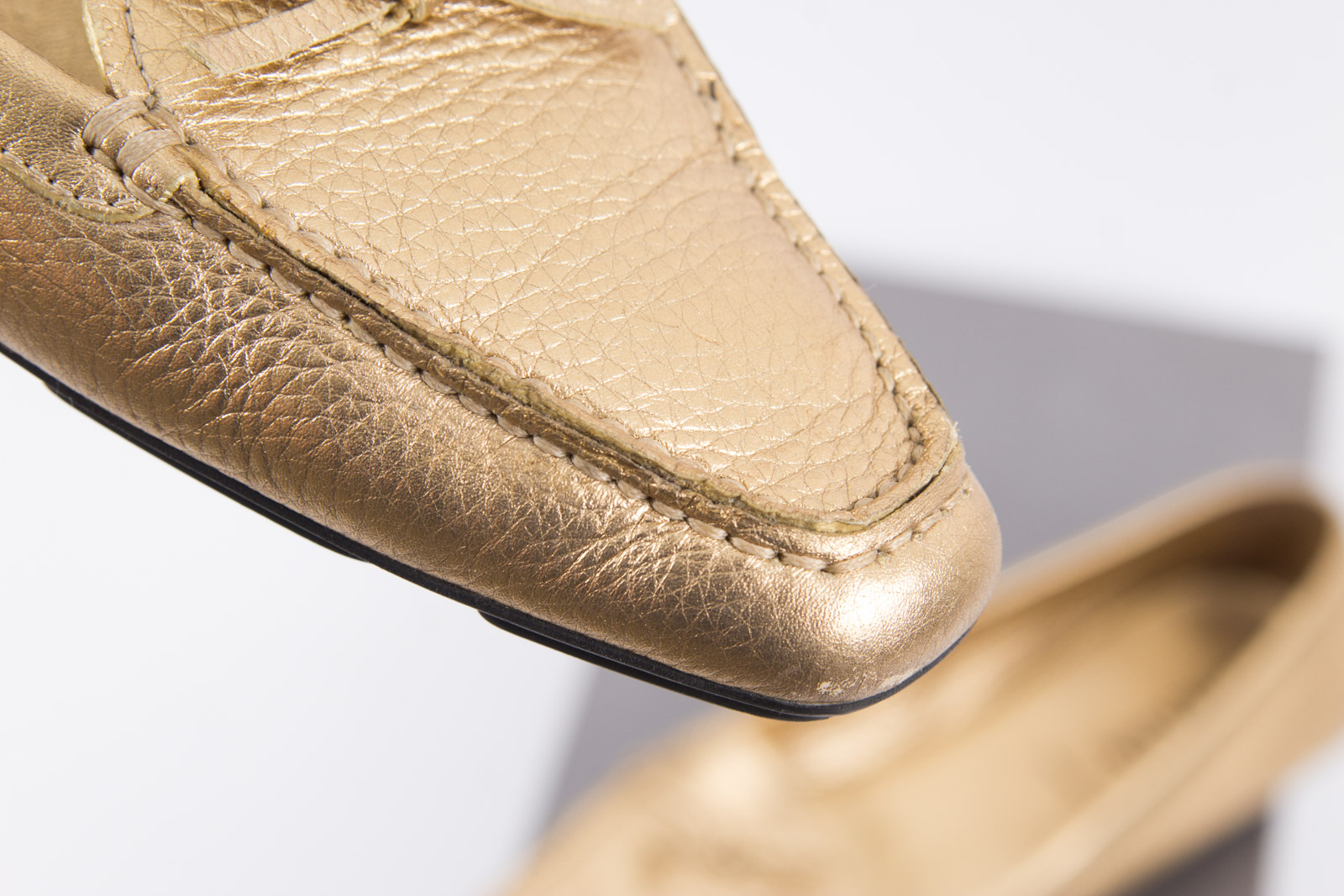 Prada Metallic Gold Tone Loafers