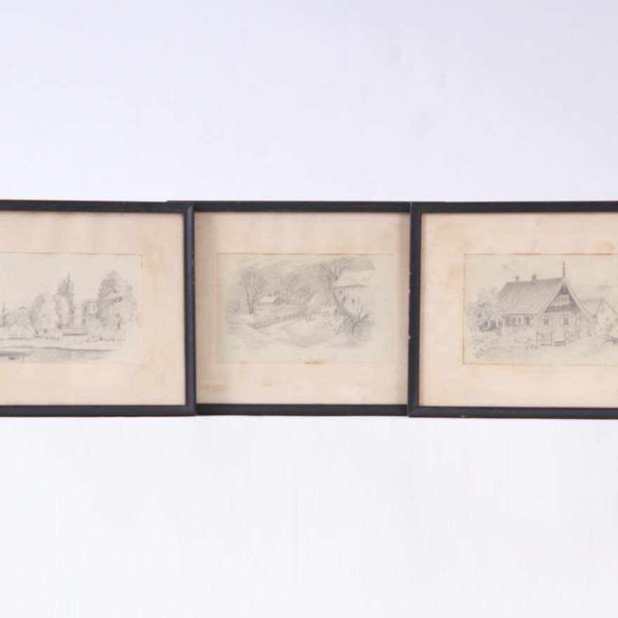 Grouping of Antique Framed E.W. Allen Pencil Sketches