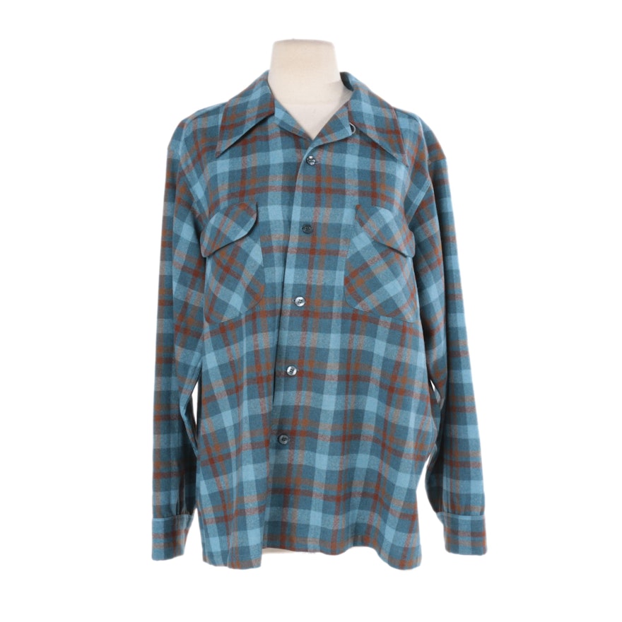 Men's Pendleton Blue and Brown Plaid Wool Button-Down Shirt