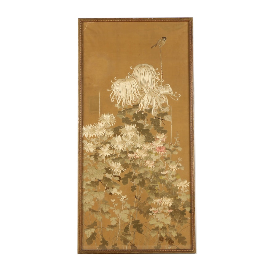 Japanese Embroidery on Silk of Bird and Flower Motif