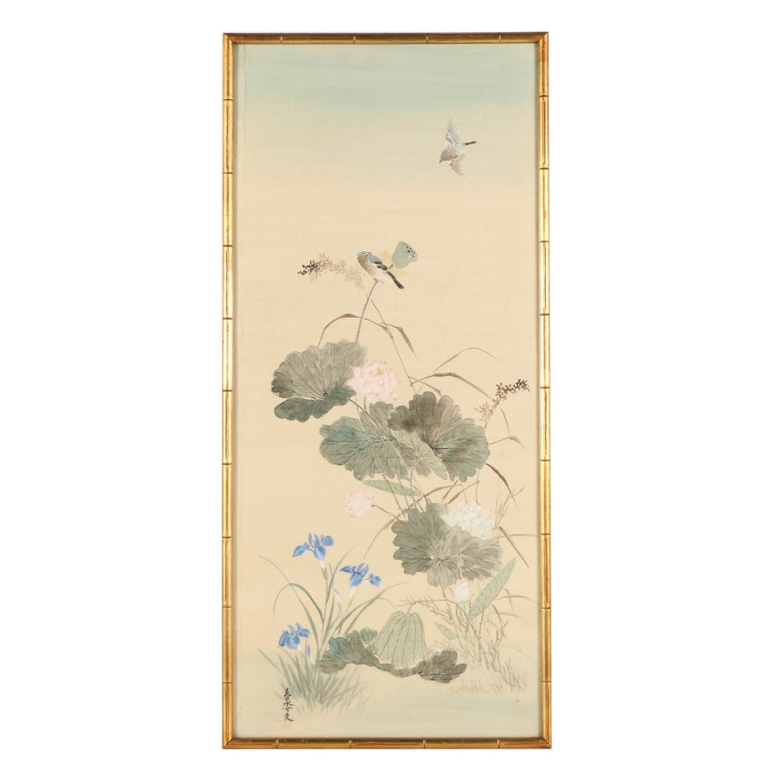 Japanese Watercolor Painting on Silk of Bird and Flower Motif