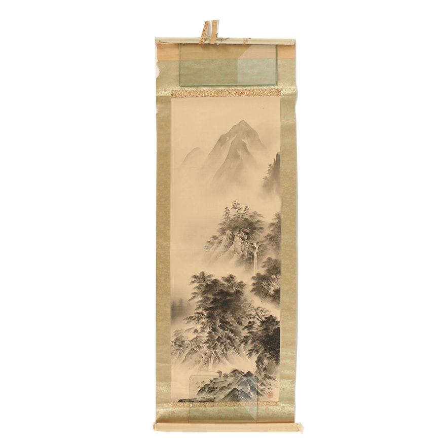 Japanese Ink on Paper Figurative Landscape Hanging Scroll