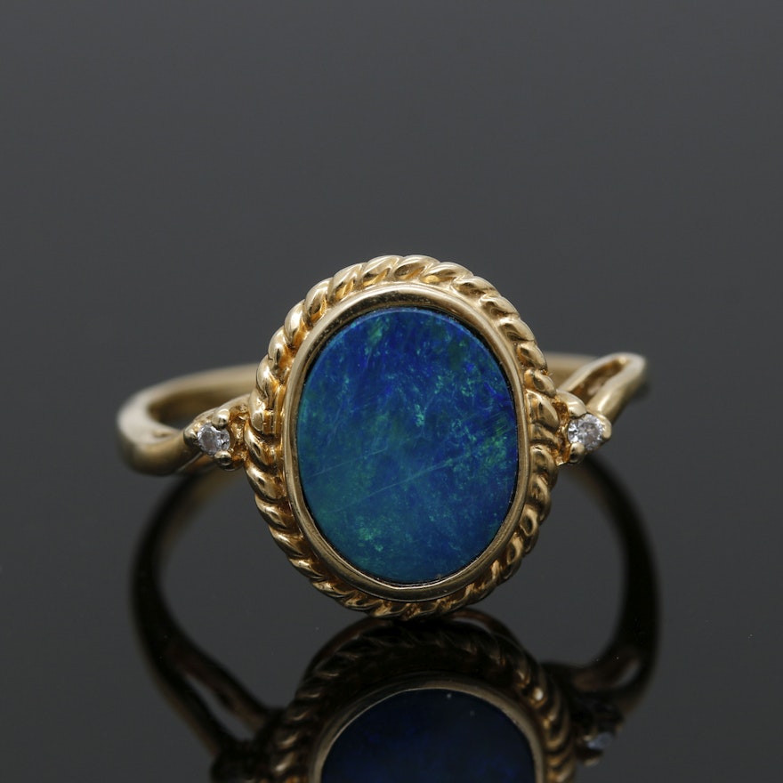 14K Yellow Gold Opal Doublet and Diamond Ring