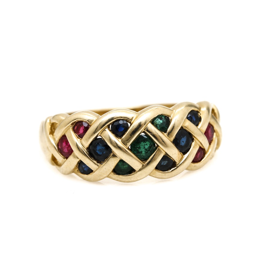 14K Yellow Gold Ruby, Sapphire, and Emerald Ring