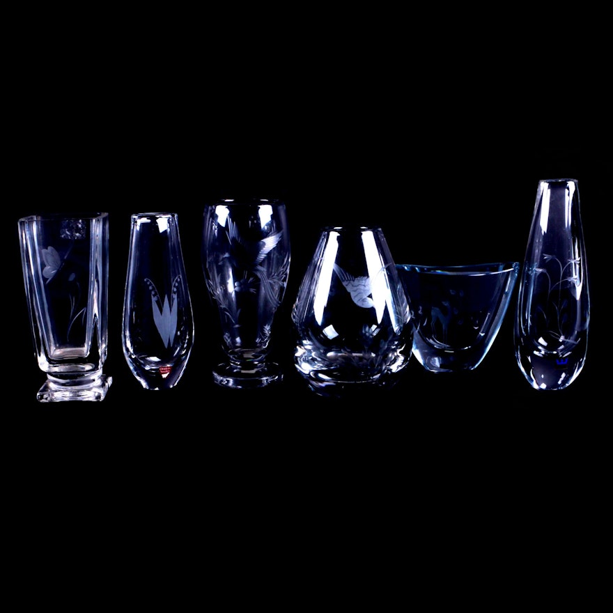 Scandinavian Etched Crystal Vases Including Orrefors and Kosta