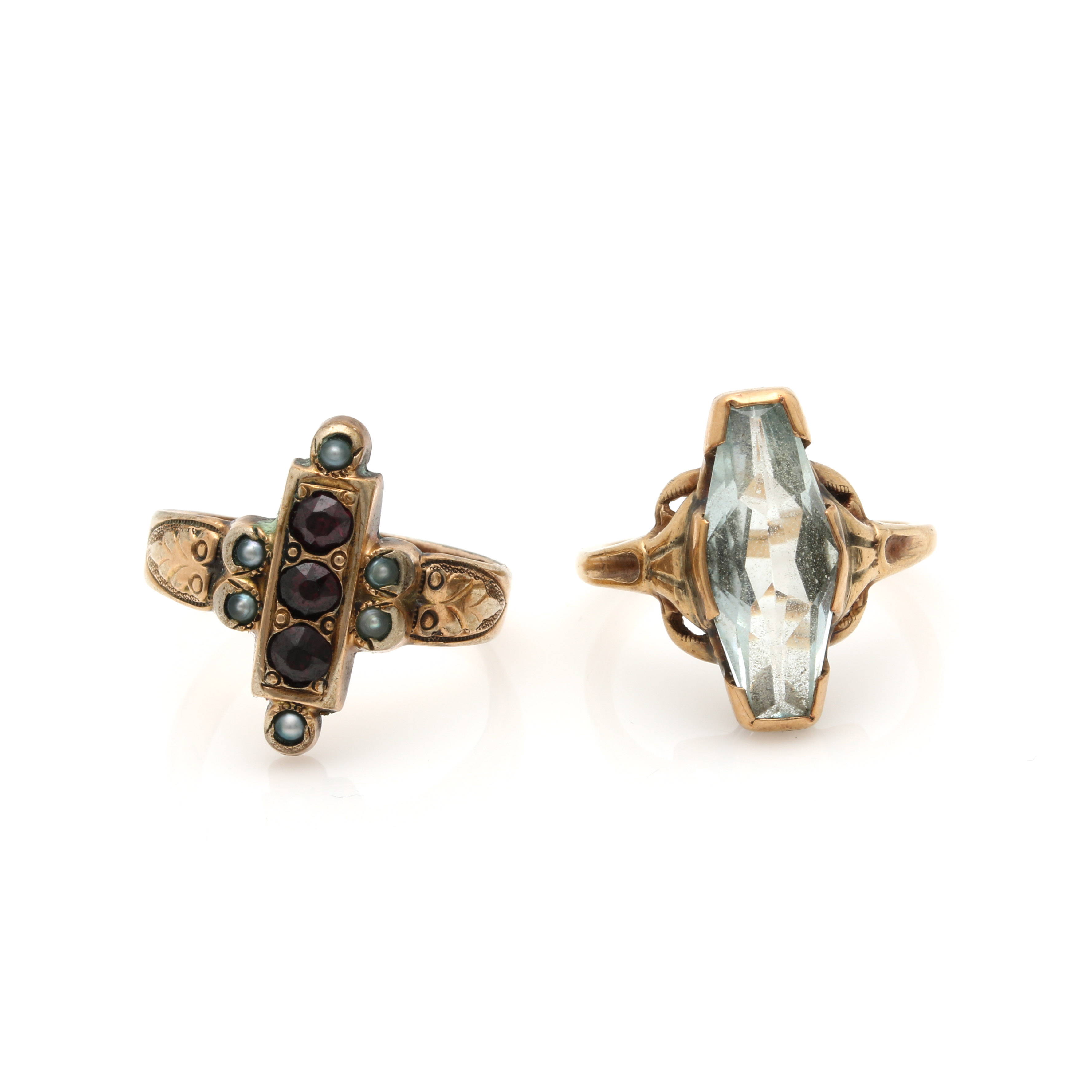10K Yellow Gold and Gold Filled Aquamarine, Garnet and Seed Pearl Rings