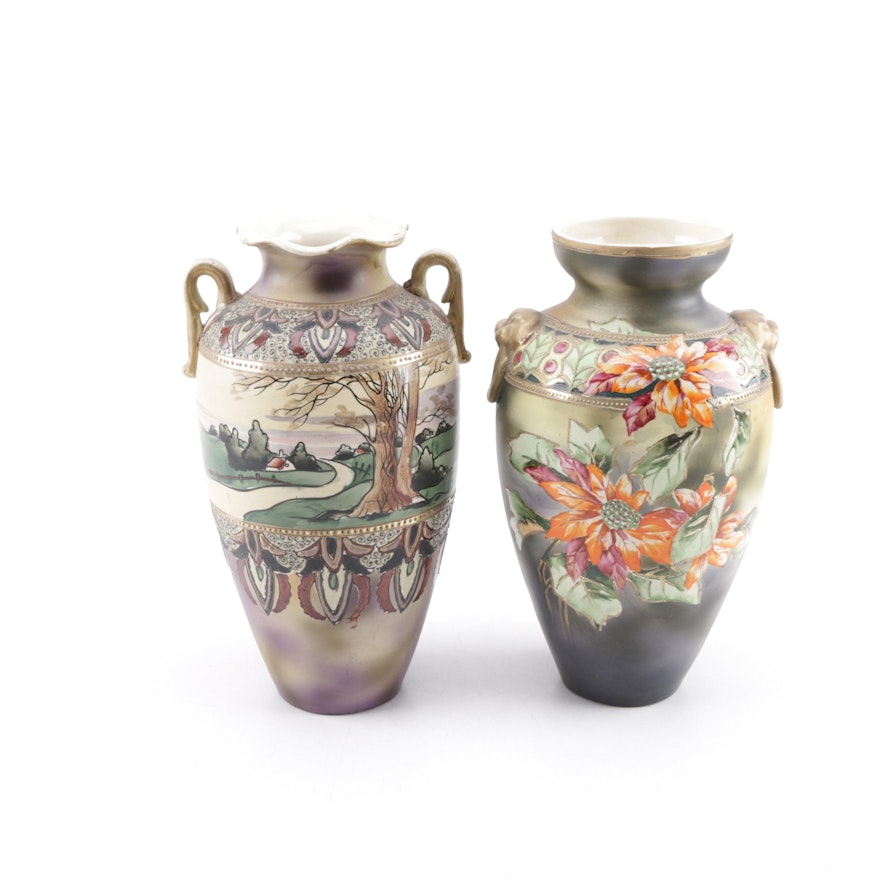 Vintage Porcelain Vases Depicting Landscape and Poinsettias