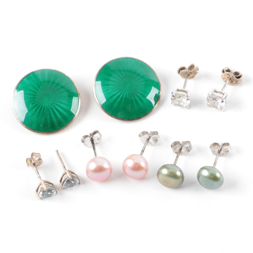 Sterling Silver Cultured Pearl and Cubic Zirconia Earrings