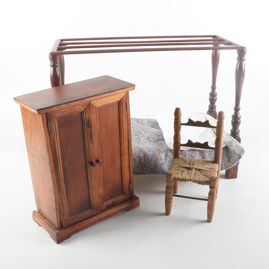 Wood Doll Bed, Dresser, and Chair