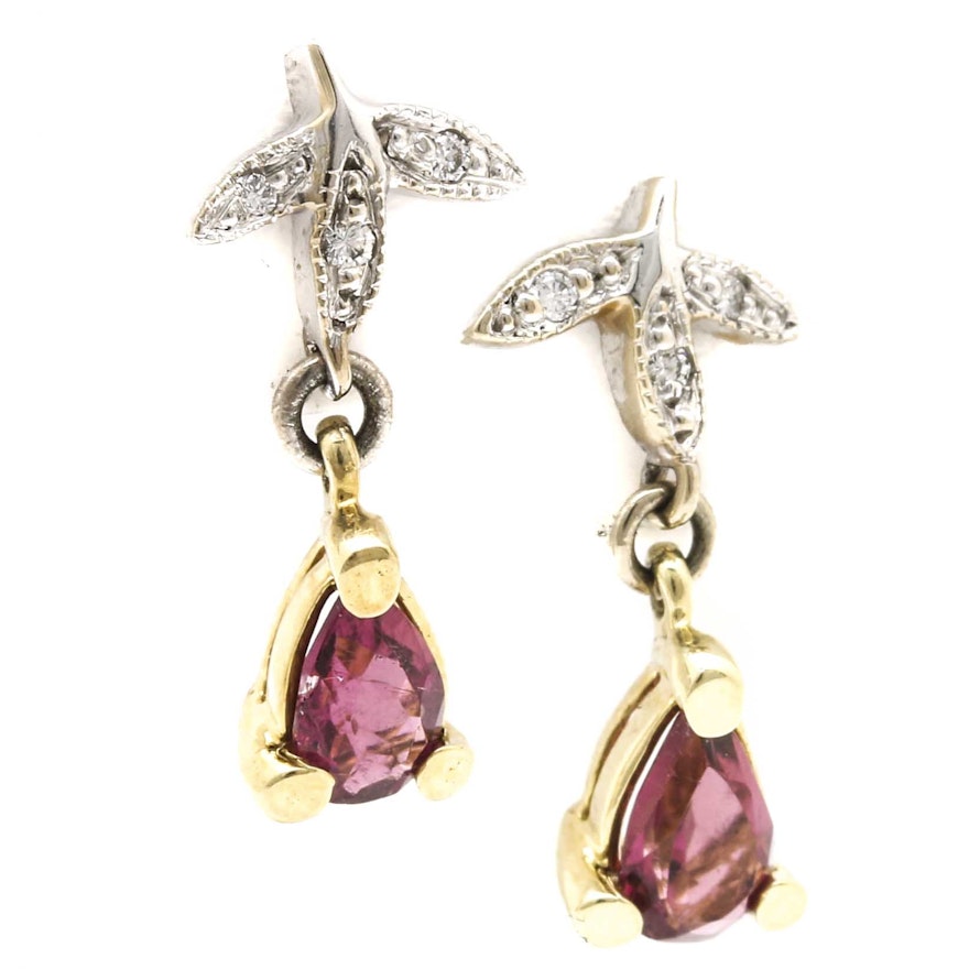 14K White and Yellow Gold Pink Tourmaline and Diamond Earrings