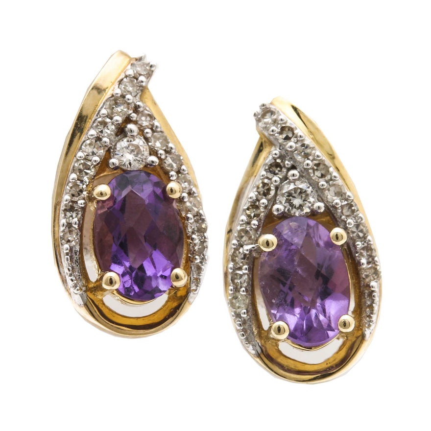 10K Yellow Gold Amethyst and Diamond Teardrop Earrings