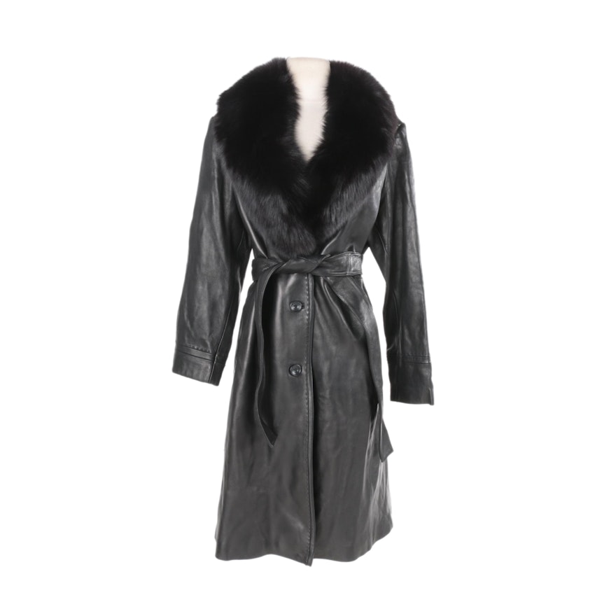 Women's Jones New York Black Leather Coat with Fox Fur Collar