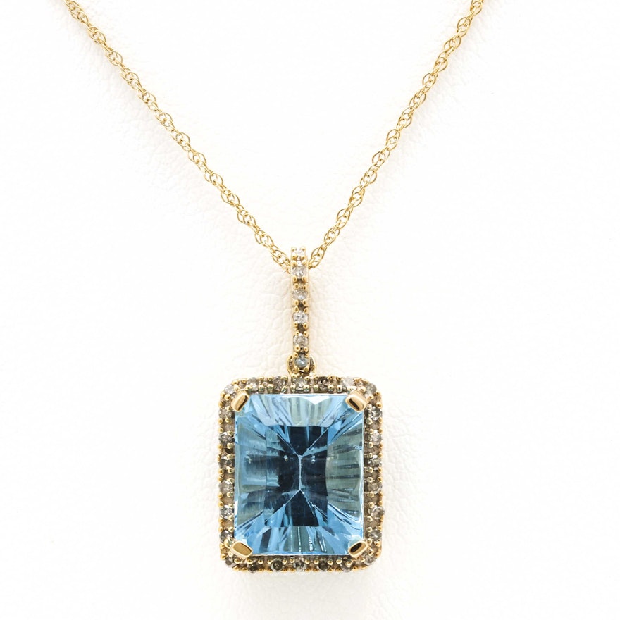 10K Yellow Gold Blue Topaz and Diamond Pendant Necklace