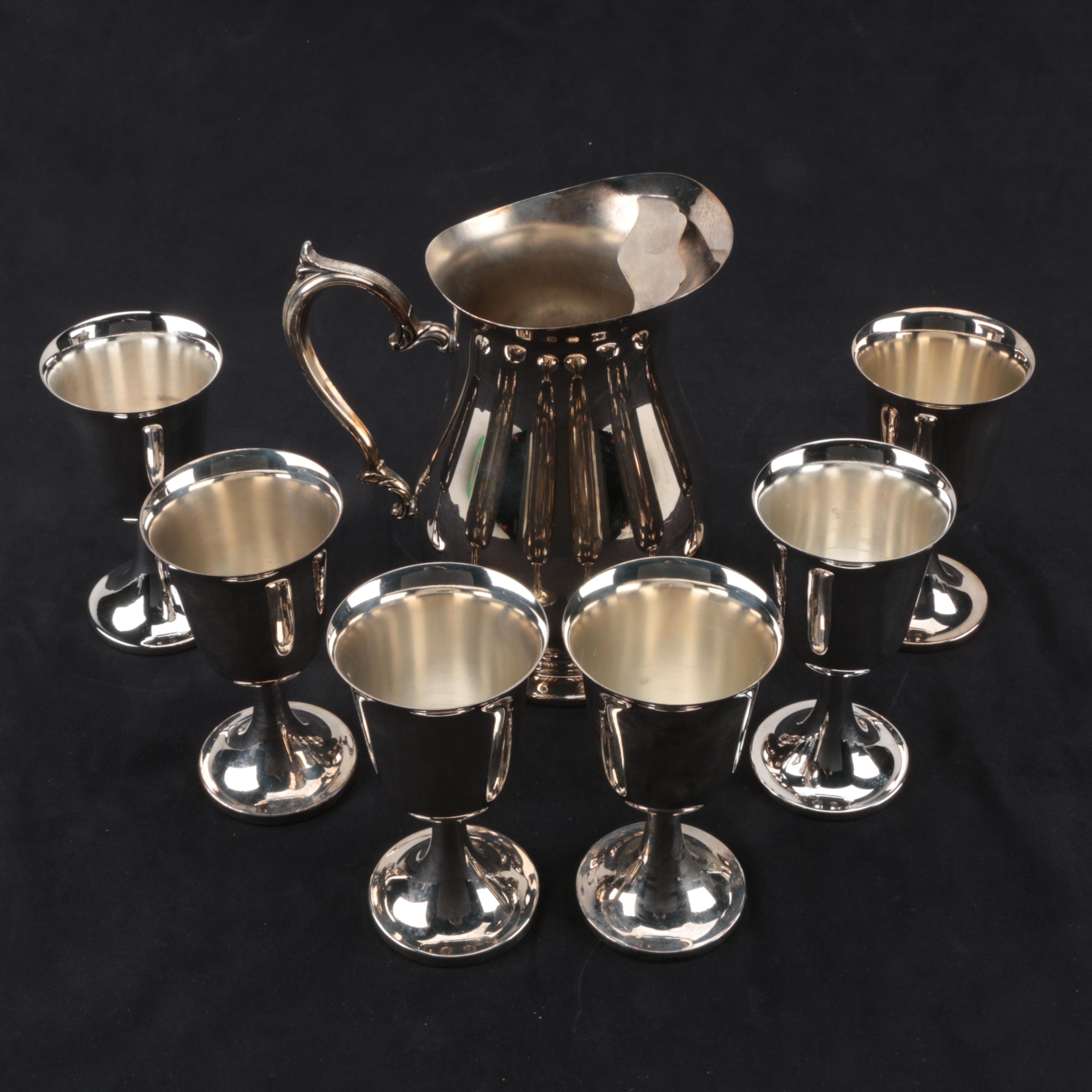 Wm. Rogers Silver Plate Footed Water Pitcher with Set of Goblets