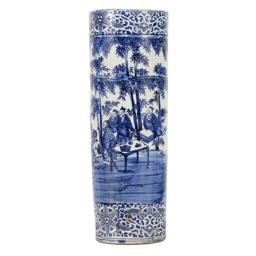 East Asian Blue Porcelain Umbrella Stand