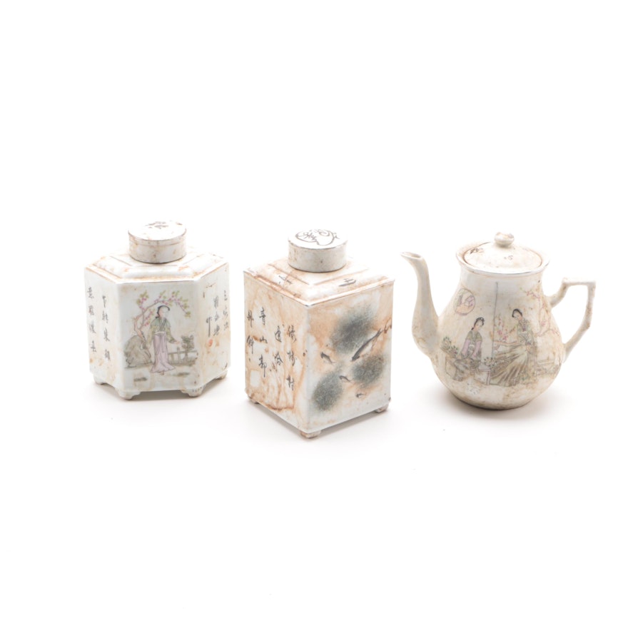 Chinese Hand-painted Porcelain Tea Caddies and Teapot