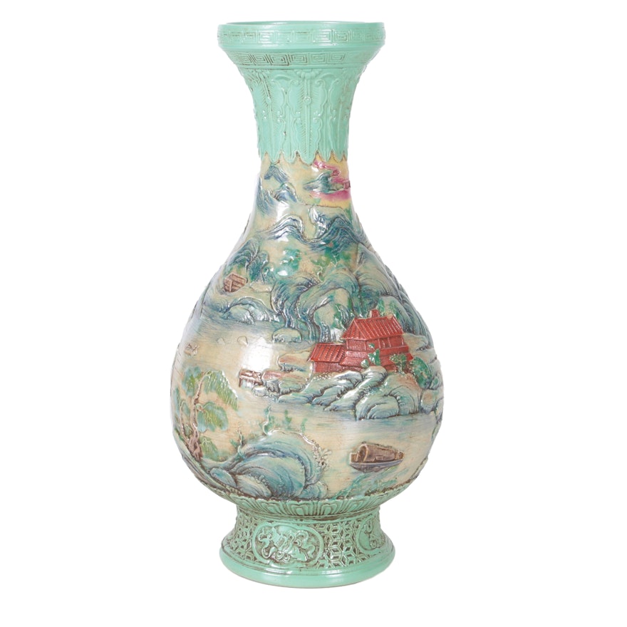 Chinese Green Ceramic Vase with Landscape Motif