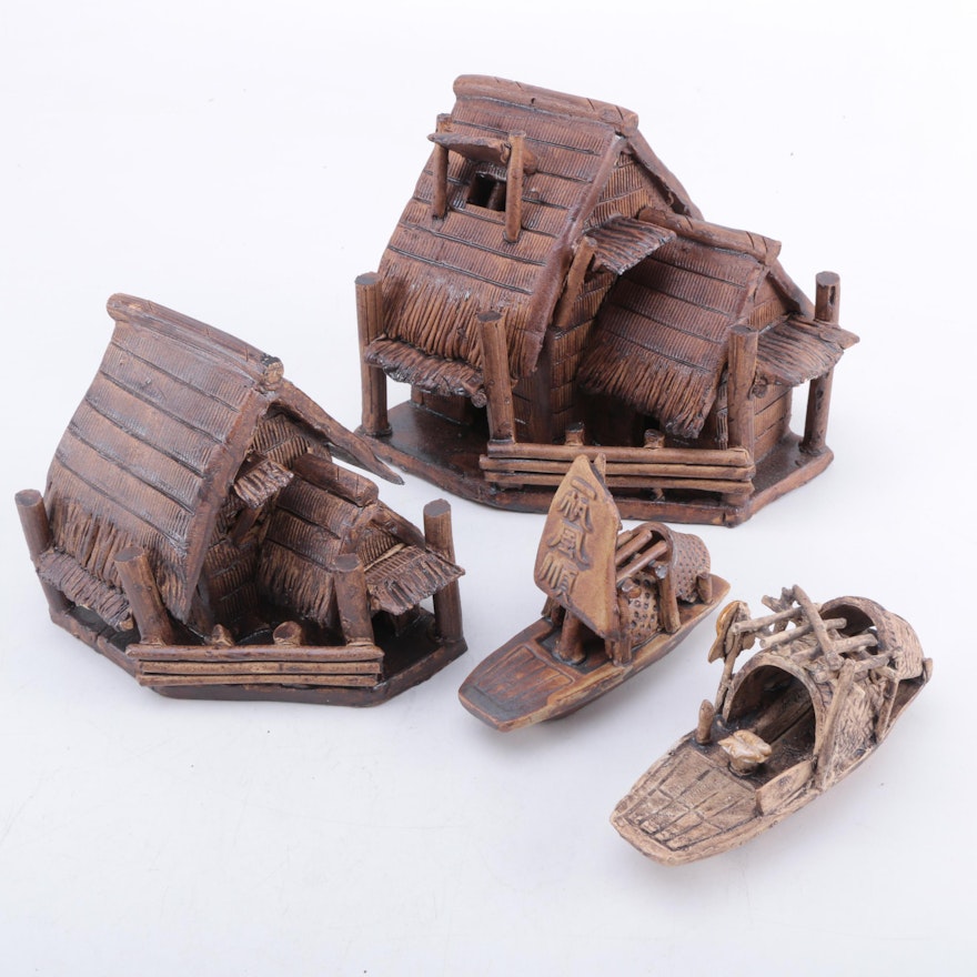 Miniature Ceramic Rustic Houses and Boats