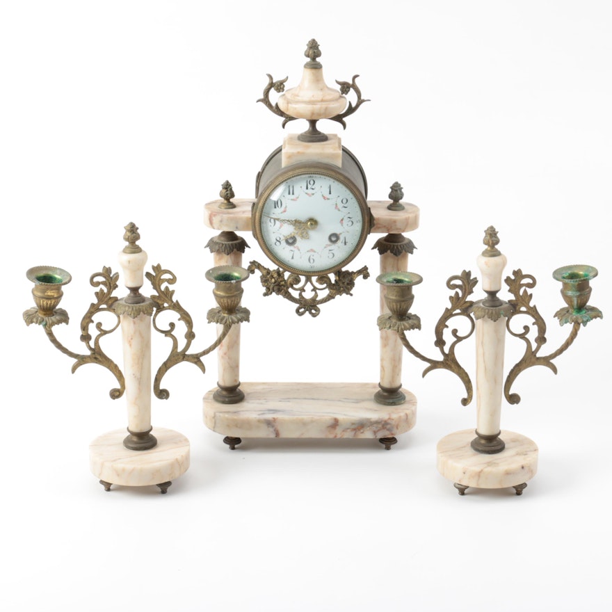 French Marble Clock and Candle Holders