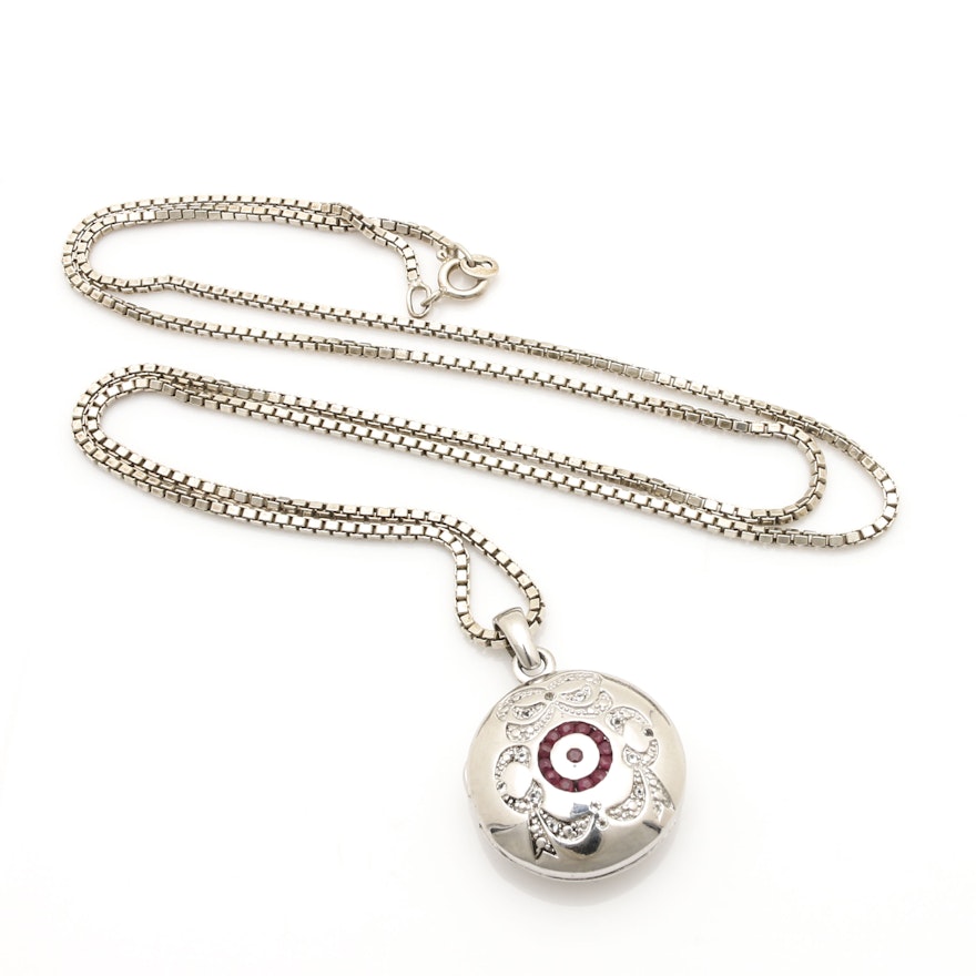 Sterling Silver Ruby and White Topaz Locket Pendant Necklace