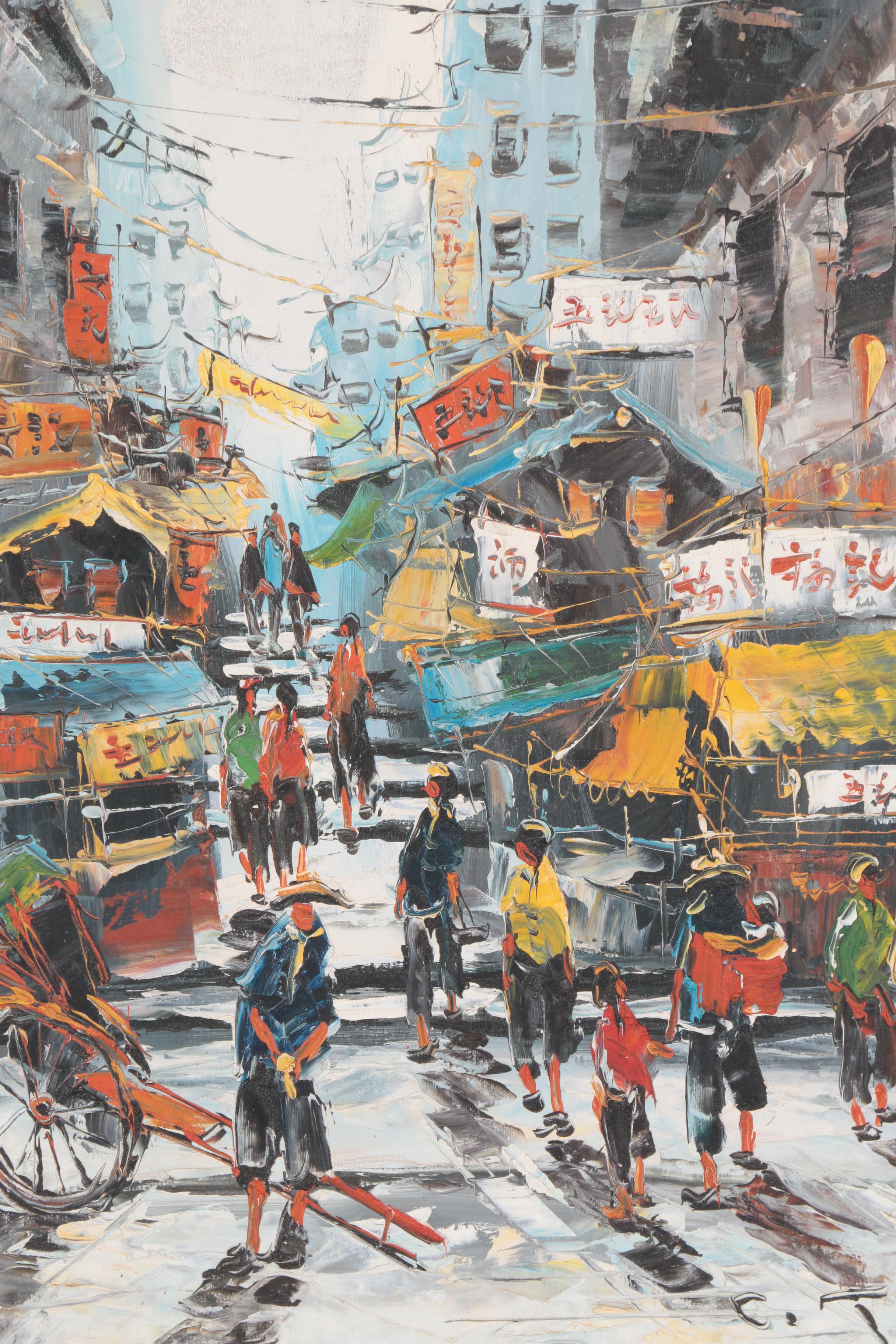 Oil Painting on Canvas of an East Asian Street Scene