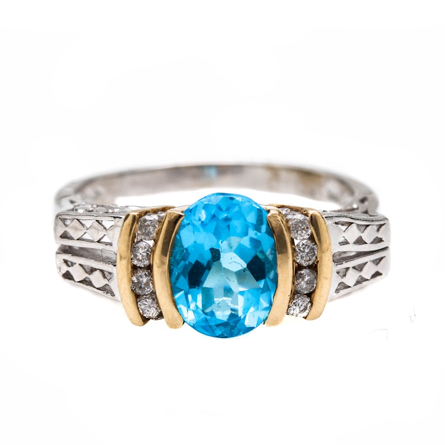 14K Two Tone Gold Blue Topaz and Diamond Ring