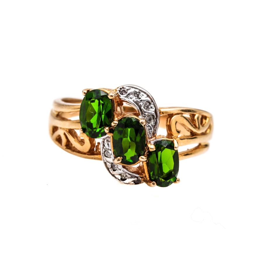 14K Yellow Gold Chrome Diopside and Diamond Ring
