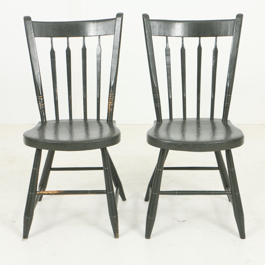 Antique Windsor Thumb-Back Side Chairs in Later Green Paint, Circa 19th Century