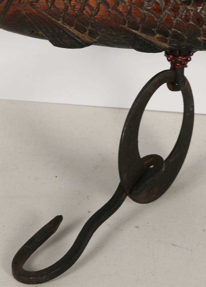 Japanese Jizai Kagi Kettle Hook of Carved Wooden Fish