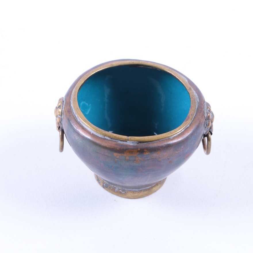 Antique Chinese Brass and Blue Enamel Salt Cellar