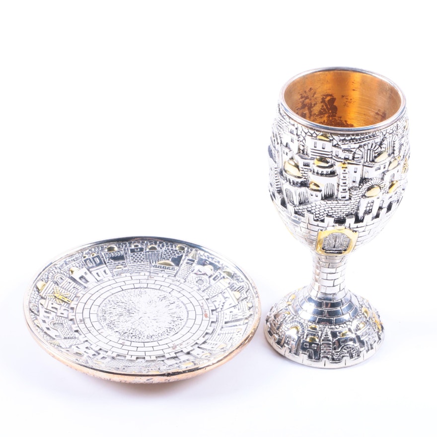 H. Karshi Silver Plate Kiddush Cup and Under Plate