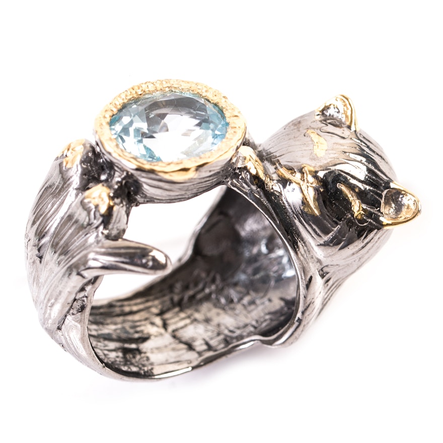 Sterling Silver and 4.18 CT Blue Topaz "Cat" Ring