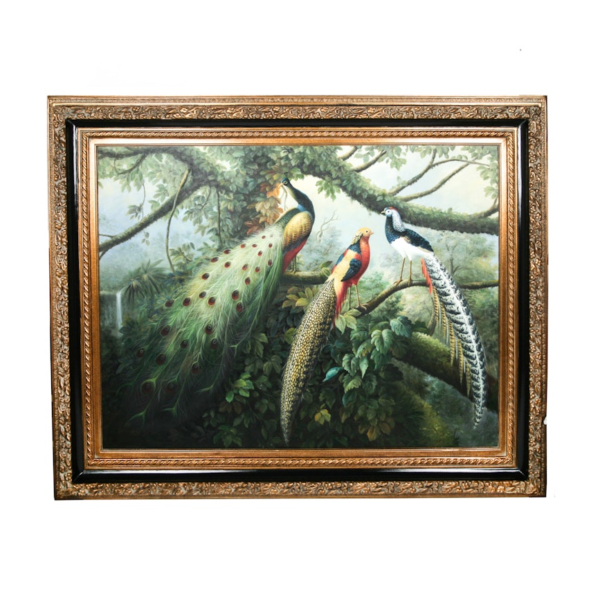 Oil Painting on Canvas of Birds Featuring Peacock