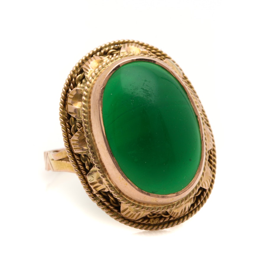 Vintage Egyptian 14K Yellow Gold Green Glass Ring