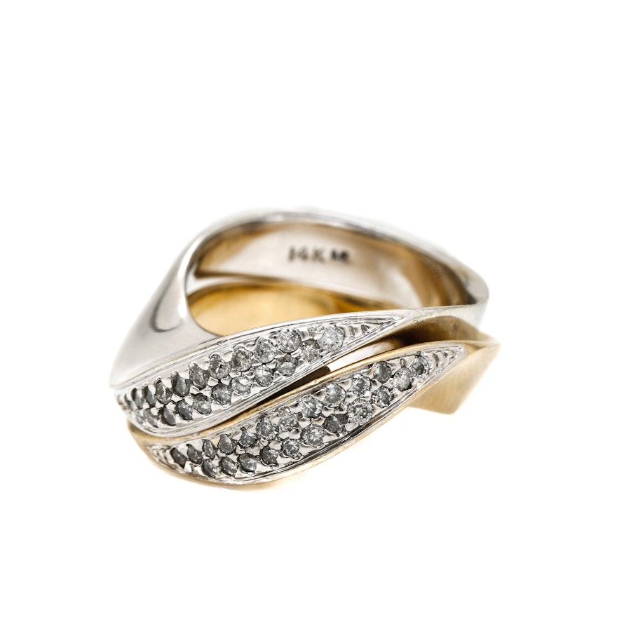 Pair of 14K Yellow and White Gold Diamond Stack Rings