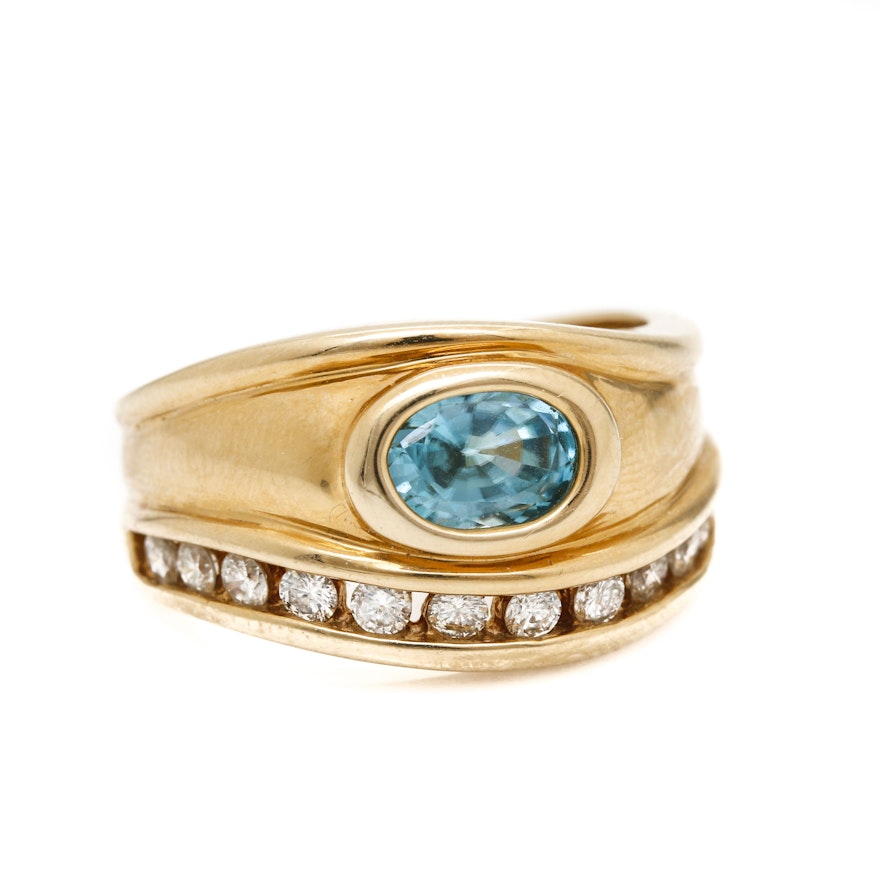 14K Yellow Gold Blue Zircon and Diamond Ring