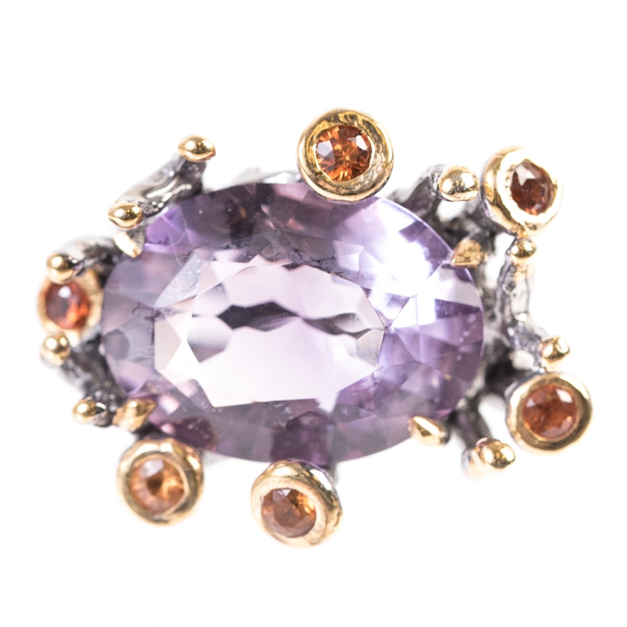 Sterling Silver, 14.65 CT Amethyst, and Garnet Ring