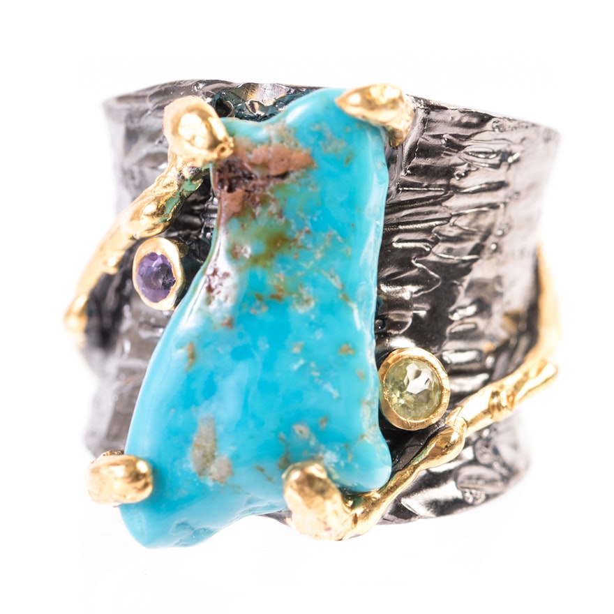 Sterling Silver, Turquoise, and Multi-Gemstone Ring