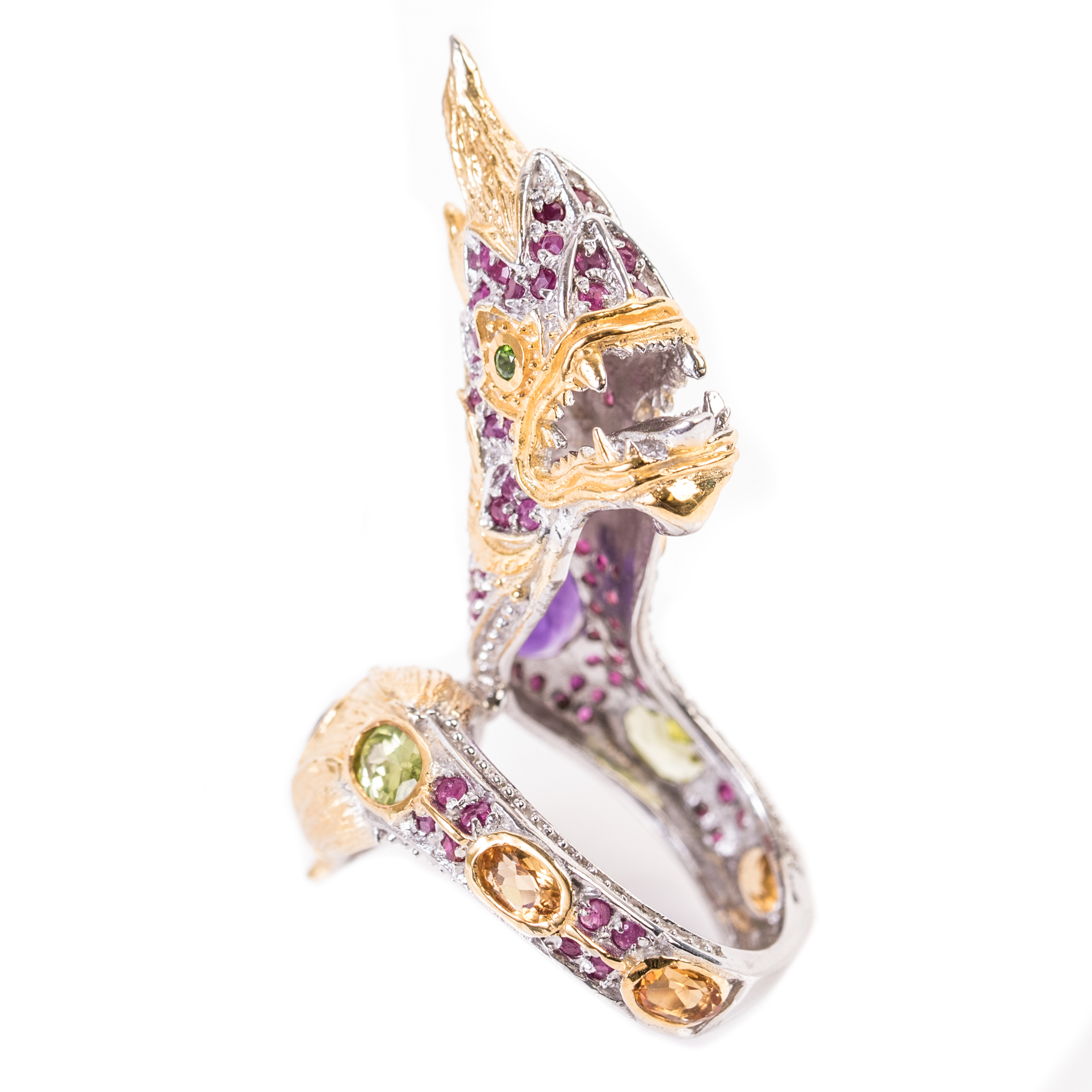 Sterling Silver and Multi-Gemstone Dragon Ring