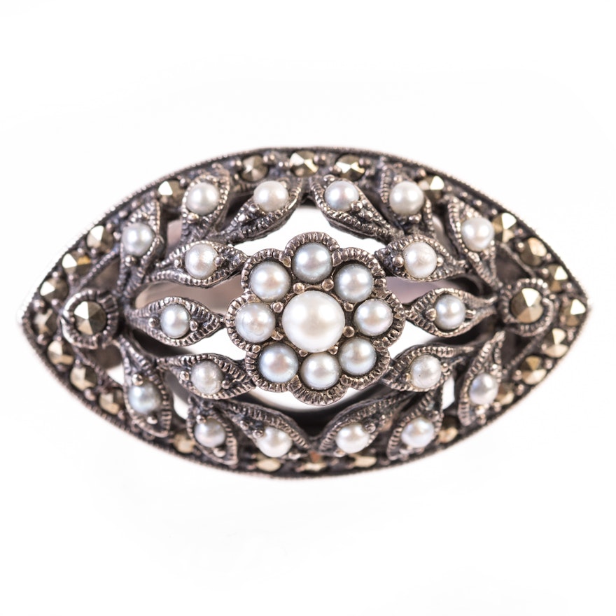 Sterling Silver, Seed Pearl, and Marcasite Ring