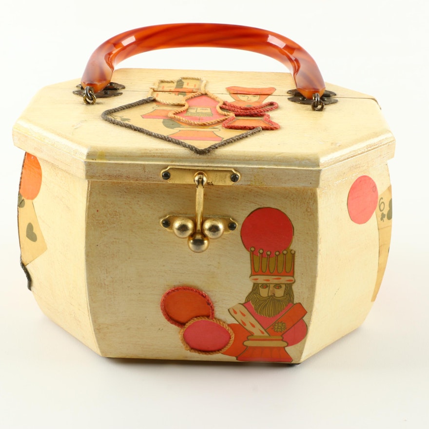 Vintage Hand-Decorated Wooden Playing Card Box Handbag