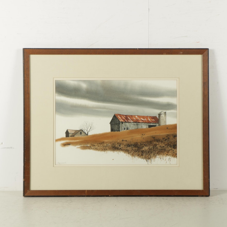 Ann Leech Watercolor Painting on Paper "Farm on the Hill"