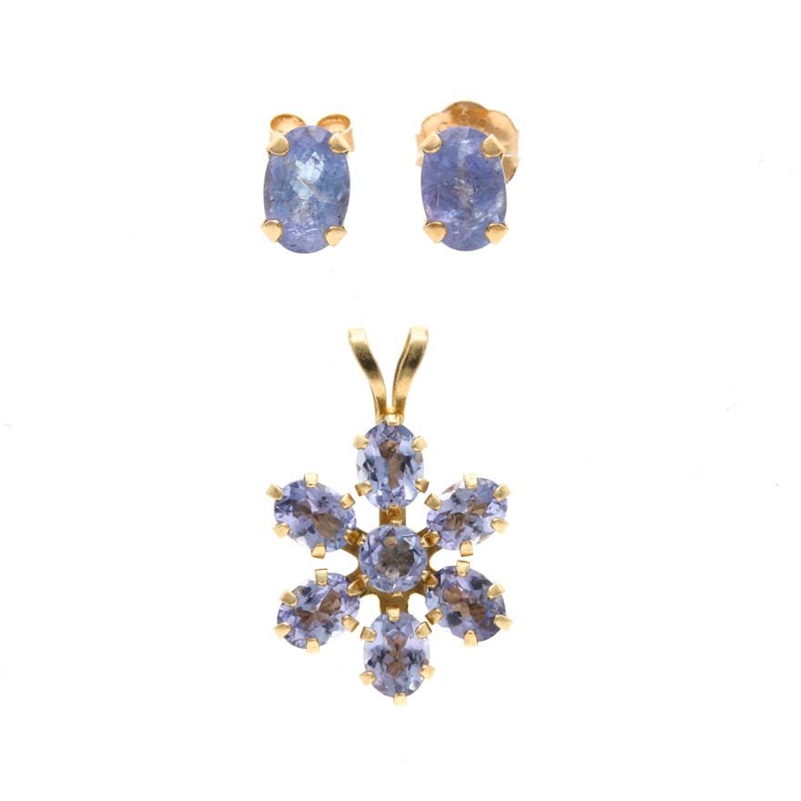 14K Yellow Gold Tanzanite Earrings and Pendant