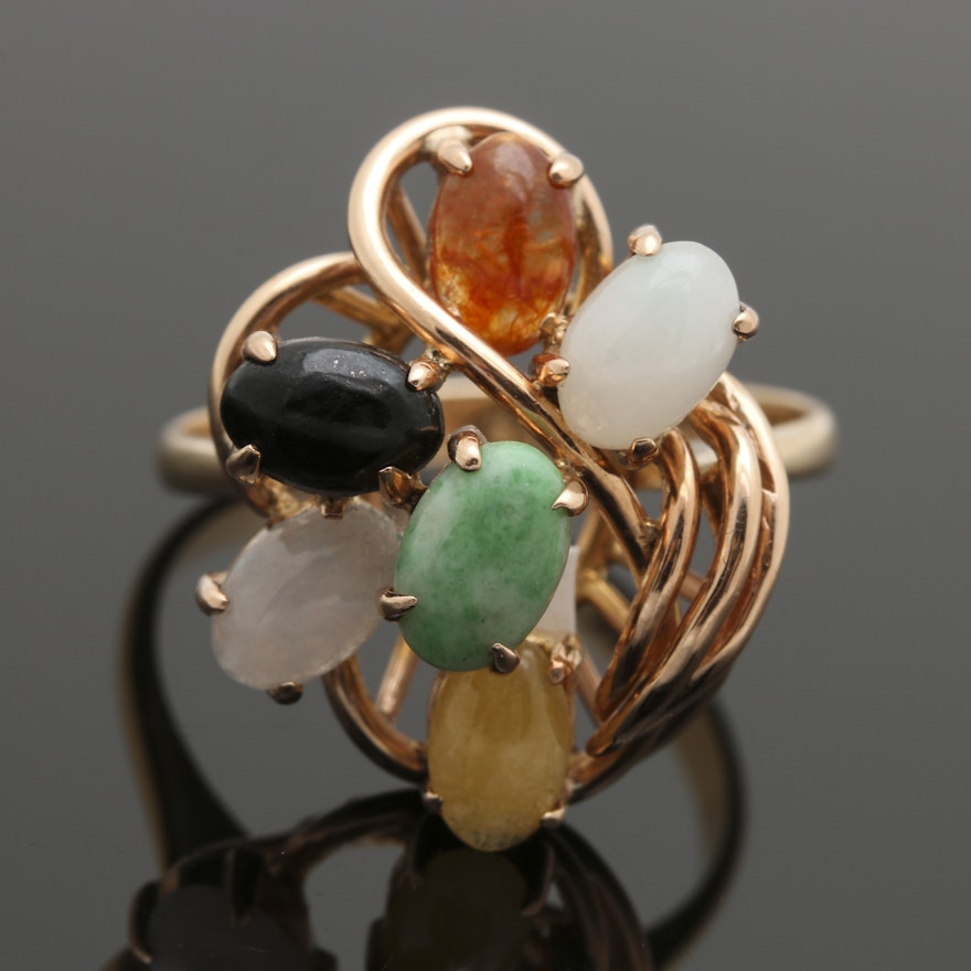 14K Yellow Gold Jadeite and Black Nephrite Ring