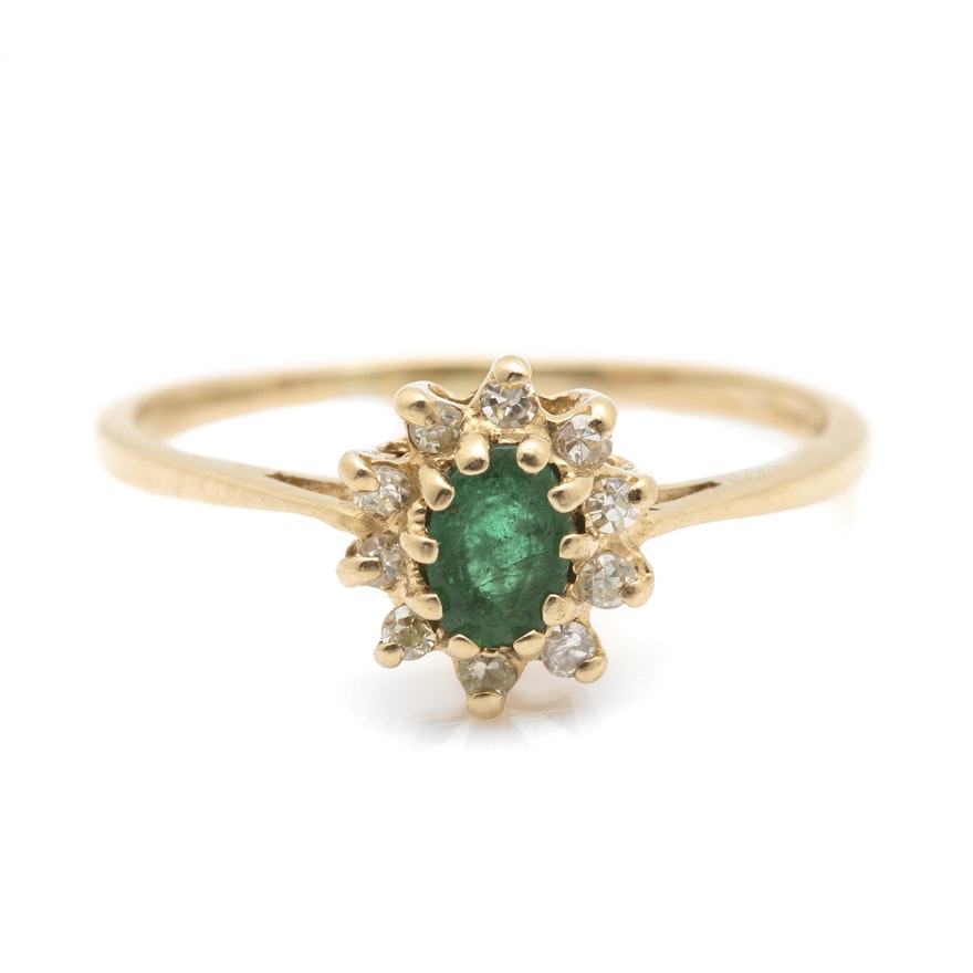 14K Yellow Gold Emerald and Diamond Halo Ring