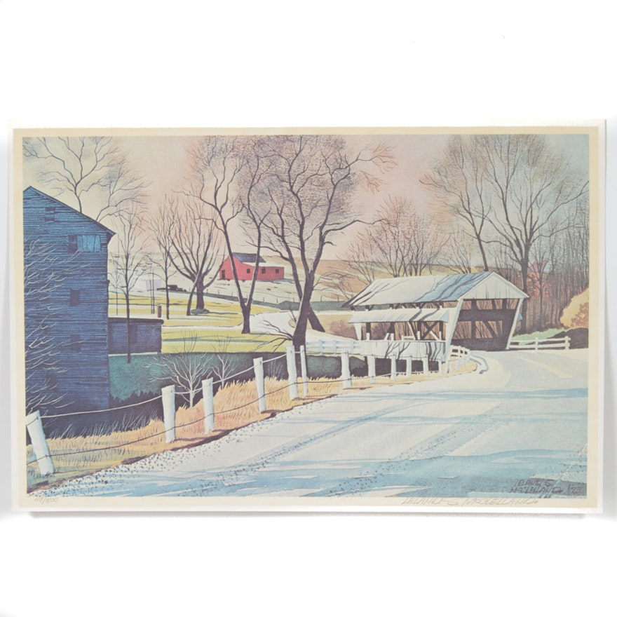 1973 Leland McClelland Limited Edition Offset Lithograph of Covered Bridge