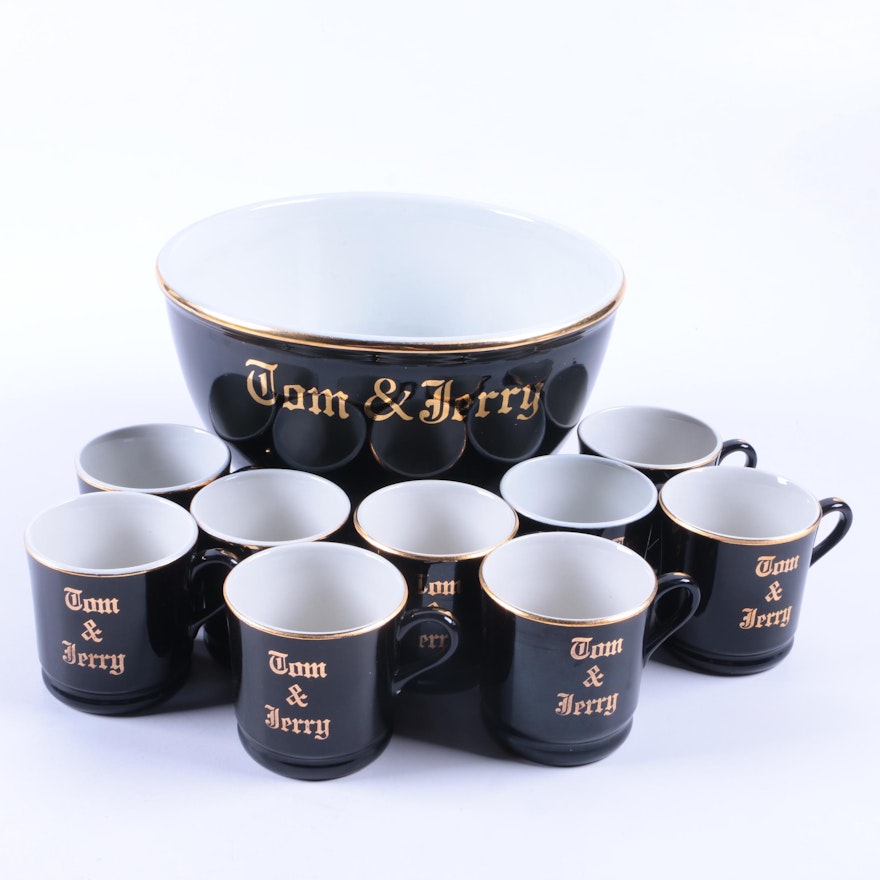 Hall "Tom & Jerry" Black Glazed Serving Bowl and Mugs