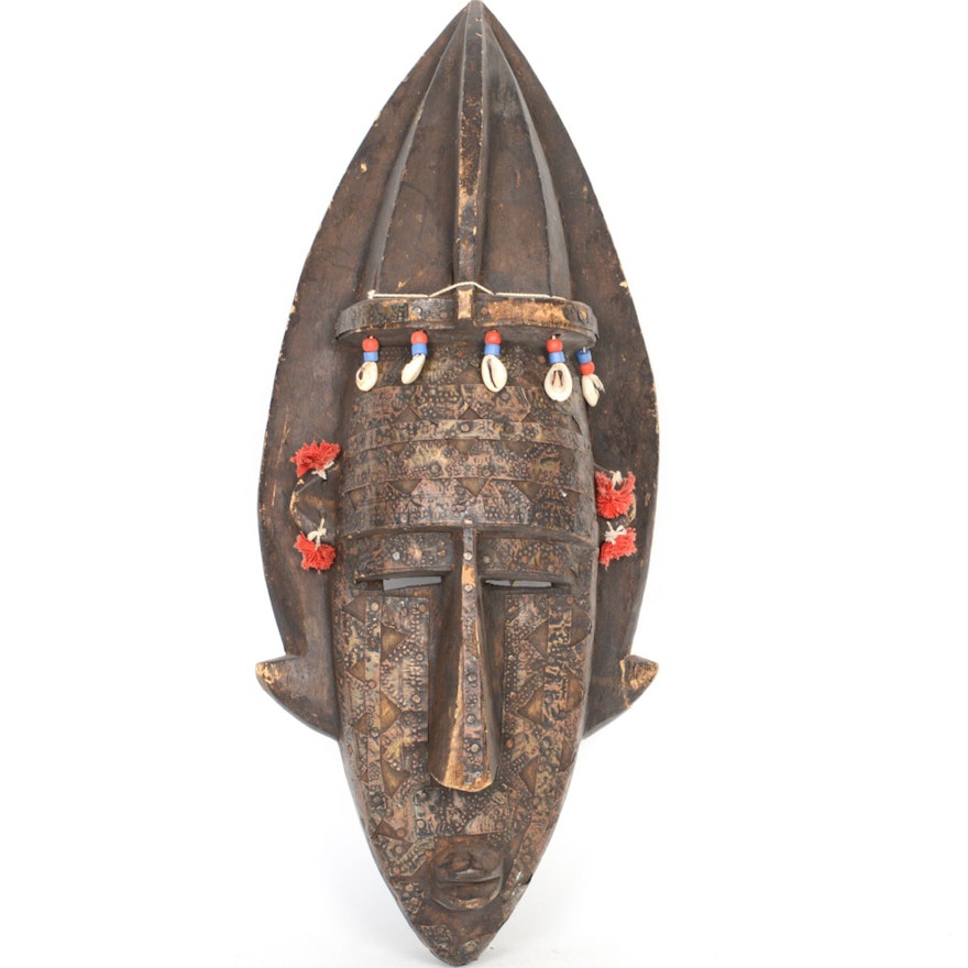 Metal Plated Carved Wood African Mask