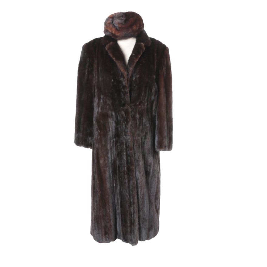 Vintage Dark Brown Mink Fur Coat and Pillbox Hat